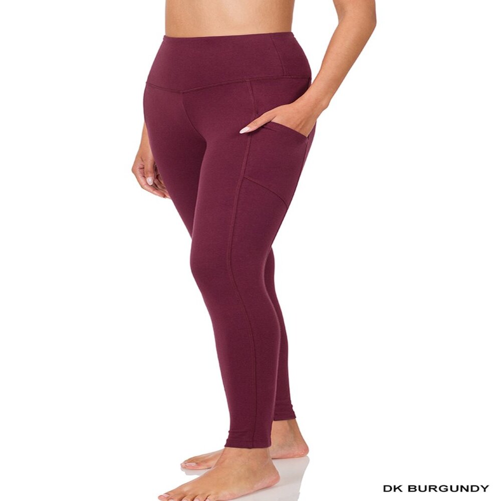 WIDE WAISTBAND POCKET LEGGINGS SOFT COTTON/POLY SPANDEX XL DK BURGUNDY